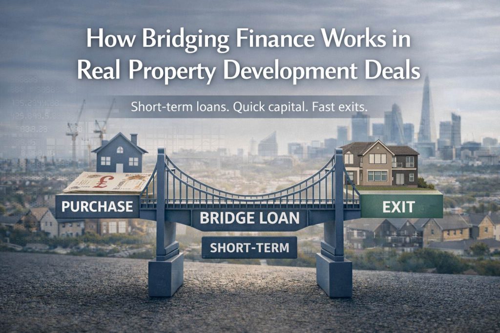 How bridging finance works in UK property development showing purchase, short-term bridge loan, and exit stages
