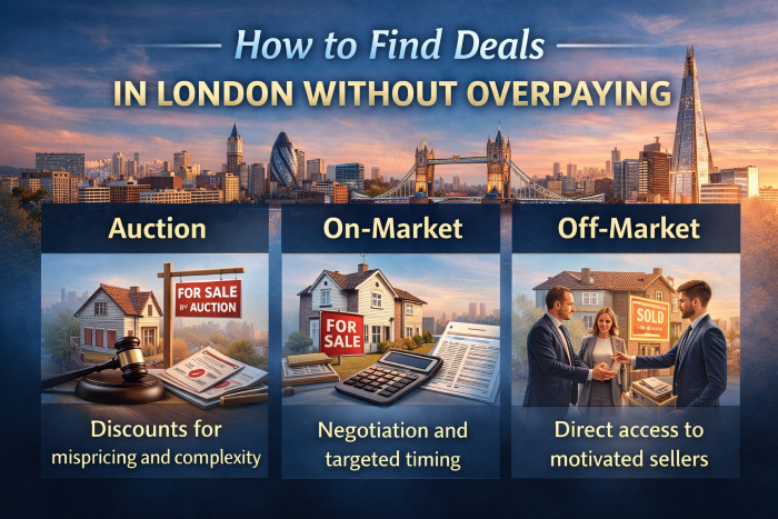 How to find property deals in London without overpaying, showing auction, on-market, and off-market investment strategies.