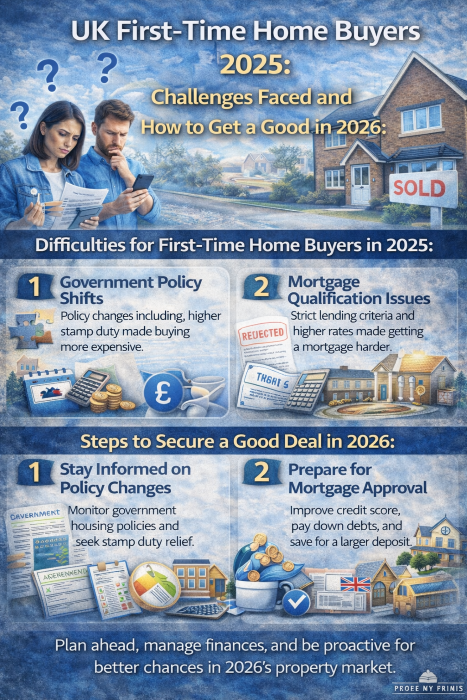 Infographic showing 2025 challenges for UK first-time home buyers and practical steps to secure a good property deal in 2026.