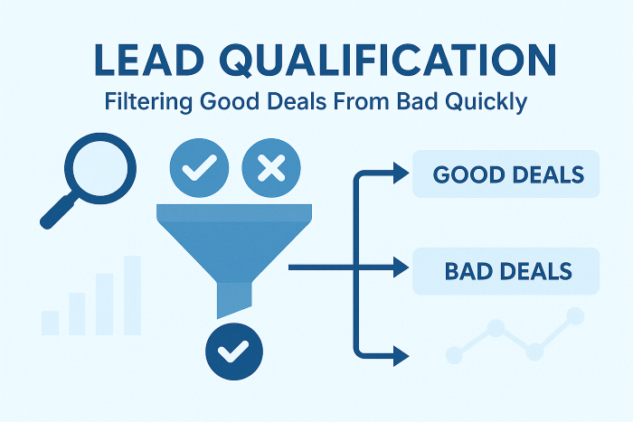 Lead qualification infographic showing a property deal funnel separating good deals from bad deals, Visual guide for UK property investors showing a magnifying glass and funnel process that categorises good deals and bad deals in a deal pipeline