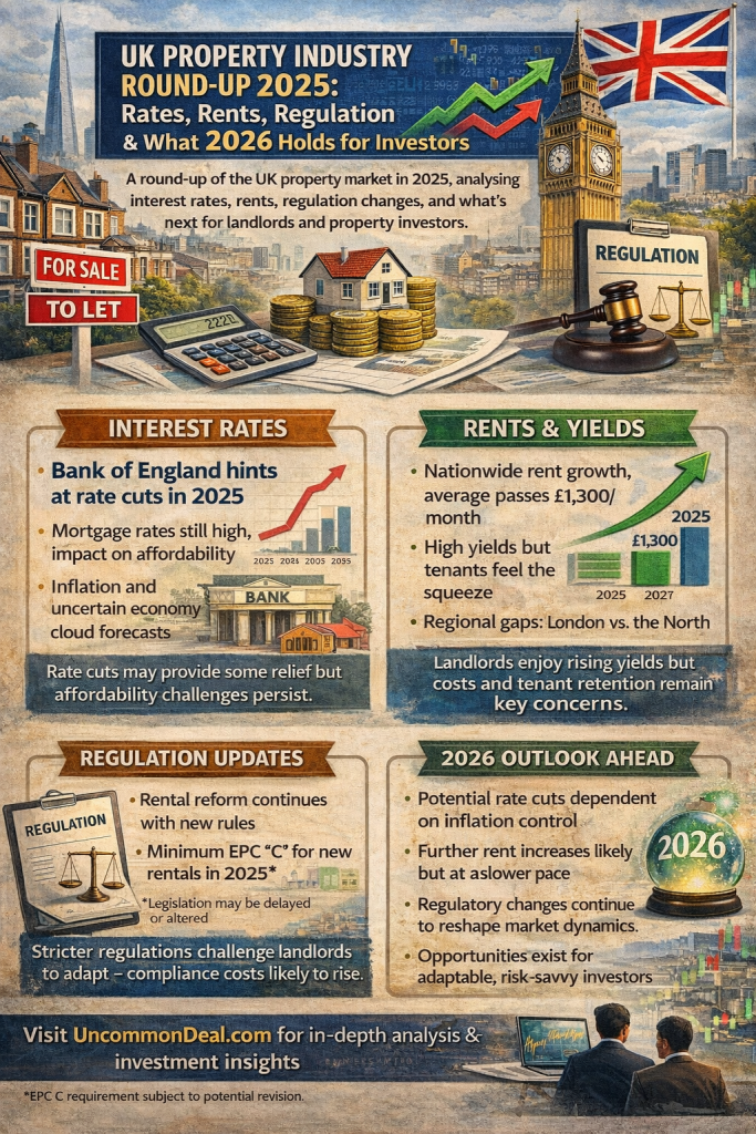 UK property industry infographic 2025 summarising interest rates, rental trends, regulation updates and key insights for landlords and property investors