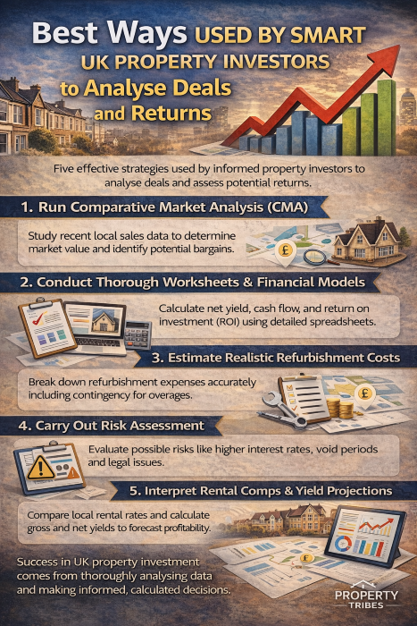 Infographic showing how smart UK property investors analyse deals, assess risks and calculate returns using market data and financial models.