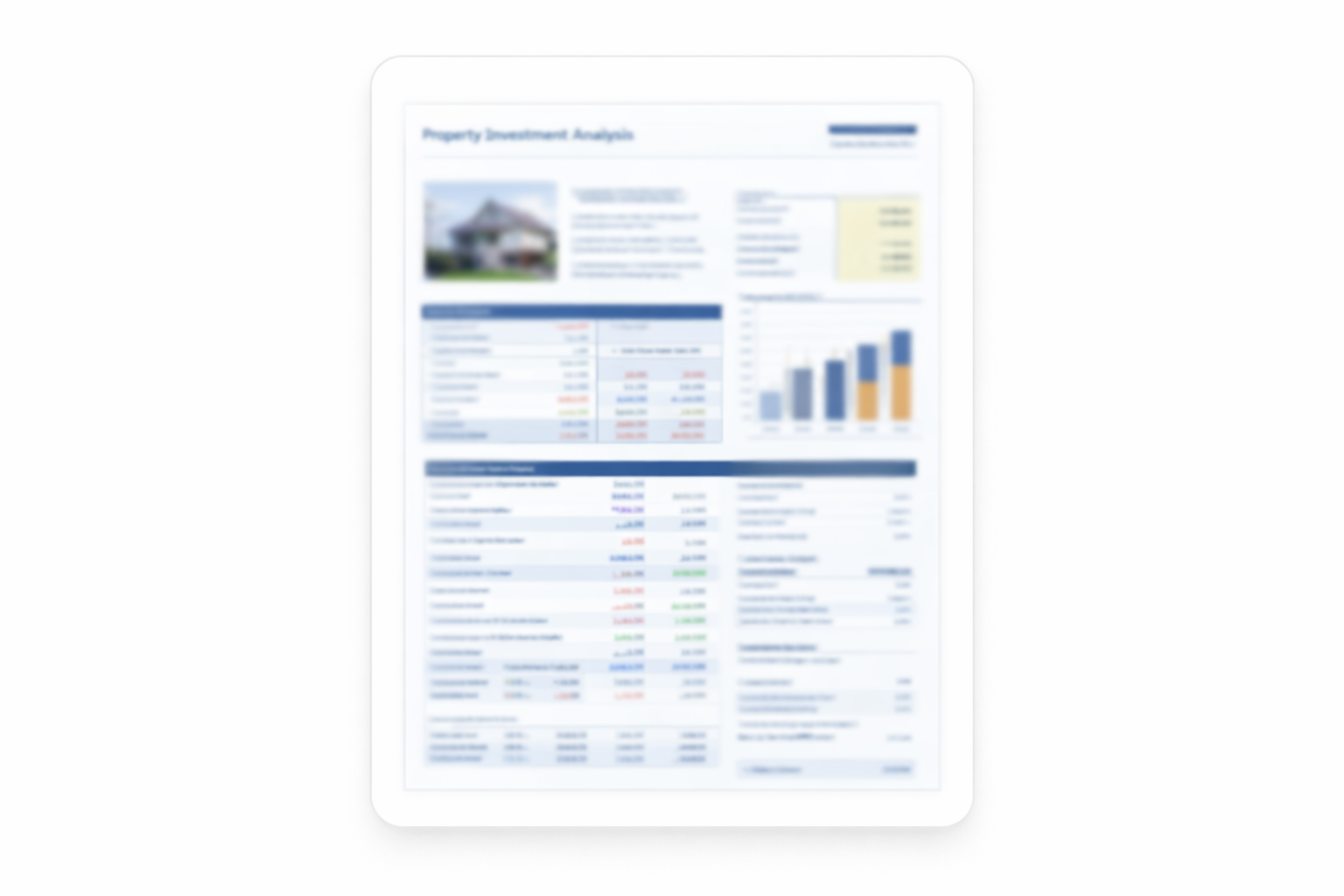 Blurred sample property investment analysis report showing financial tables and charts, displayed in a clean card-style layout.