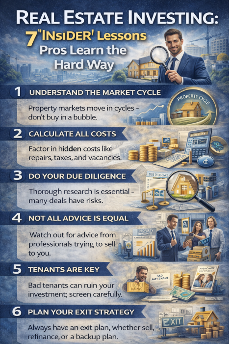 Infographic outlining seven insider secrets and lessons professional real estate investors learn through experience in the business.