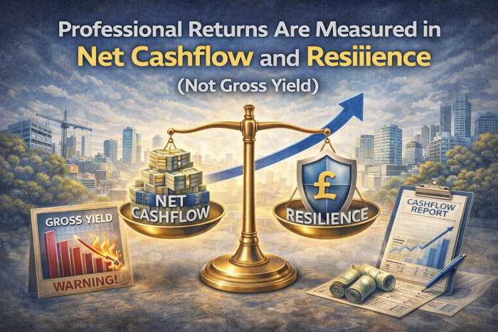 Illustration showing professional property investors prioritising net cashflow and resilience over gross yield when measuring returns.