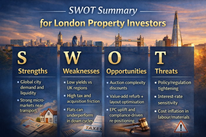 SWOT analysis infographic for London property investors showing strengths, weaknesses, opportunities, and threats in the London property market.
