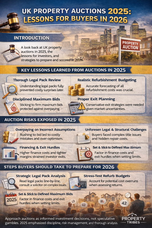 UK property auction infographic 2025 summarising buyer lessons, key risks and how to prepare strategically for auctions in 2026.