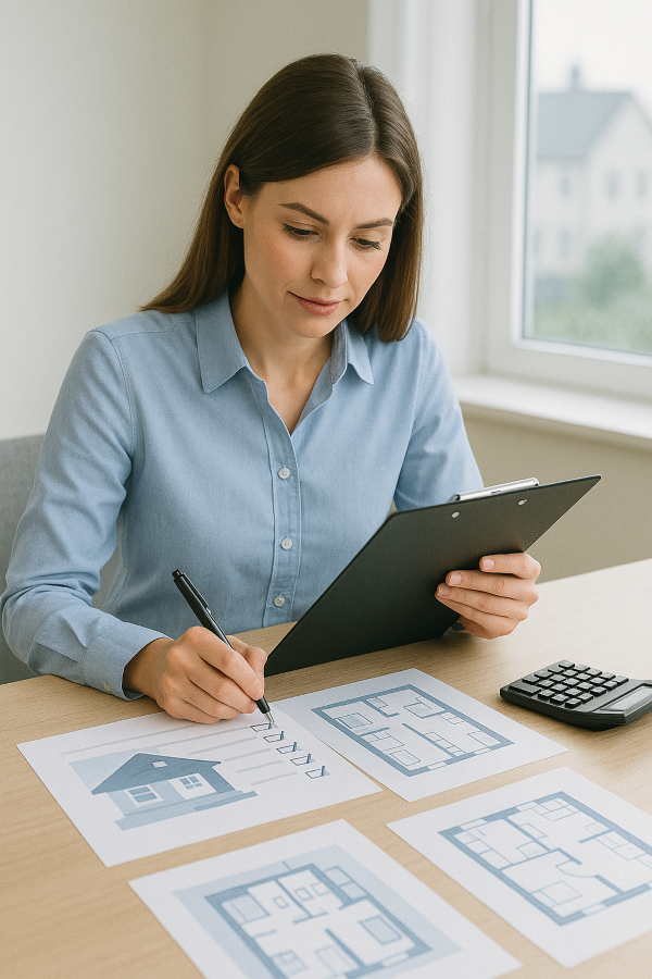 Female UK property sourcer evaluating off-market opportunities with checklist, laptop, and documents, Deal sourcer reviewing documents to be sent to a UK home buyer, What is the value of a deal sourcer?