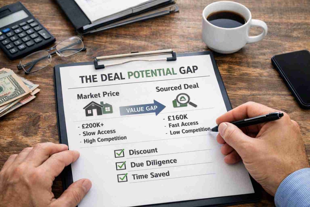 Investor checklist showing the deal potential gap between market price and a sourced deal with discount, due diligence and time saved ticked