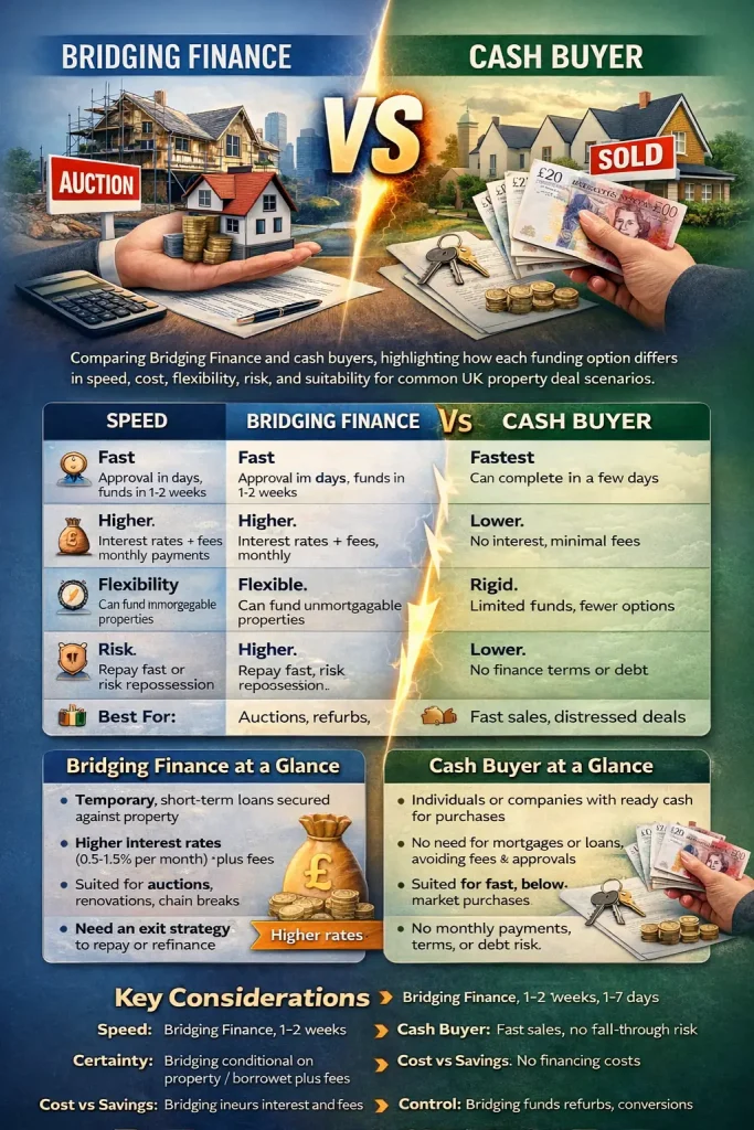 Bridging finance vs cash buyer infographic comparing speed, cost, risk, and suitability for UK property deals