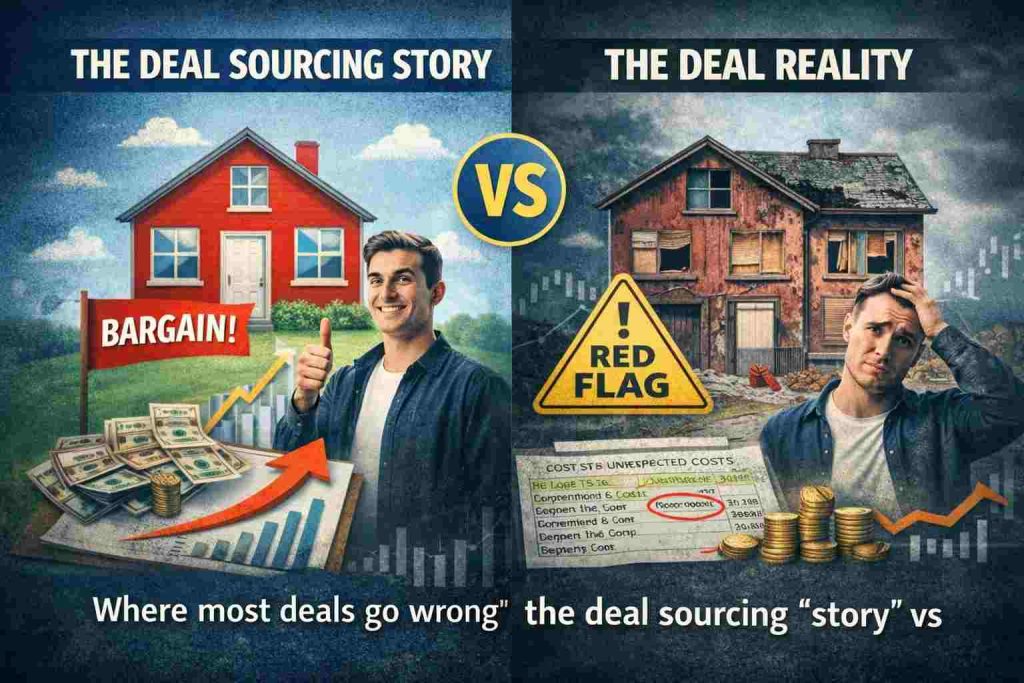 Deal sourcing story vs deal reality UK property investment graphic