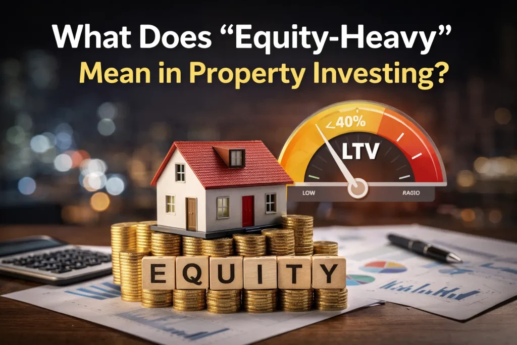 What is Property Equity, Equity-heavy property investing illustrated by low LTV gauge, house on stacked coins, and equity concept