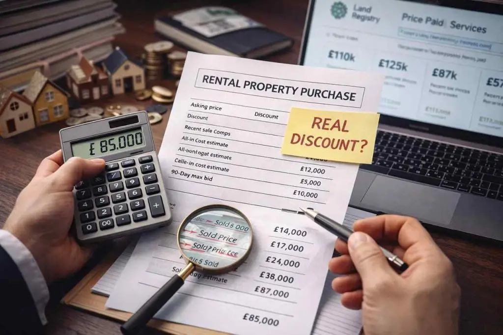 UK property investor reviewing sold price data and costs to verify whether a low asking price is a genuine discount.