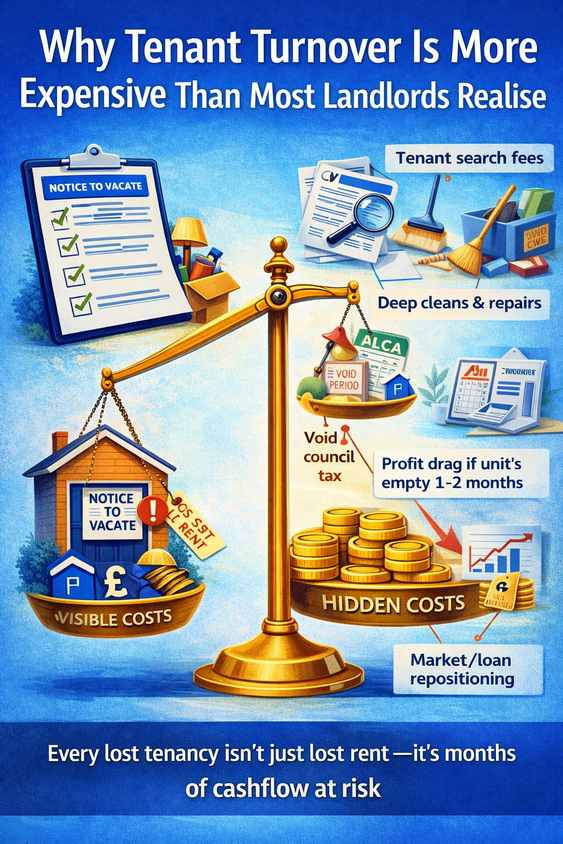 Infographic comparing visible and hidden costs of tenant turnover, showing why vacancies cost landlords more than just lost rent