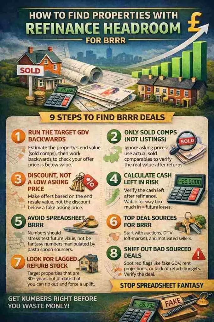 Infographic showing 9 steps to source UK BRRR deals with refinance headroom using sold comps, below-value buying and cash-left-in checks