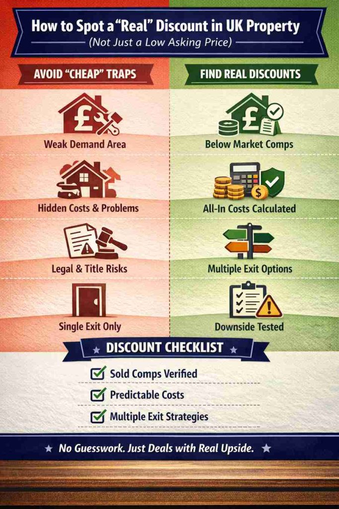 Infographic showing how to spot a real discount in UK property, comparing cheap traps with real discount signals and a discount checklist.