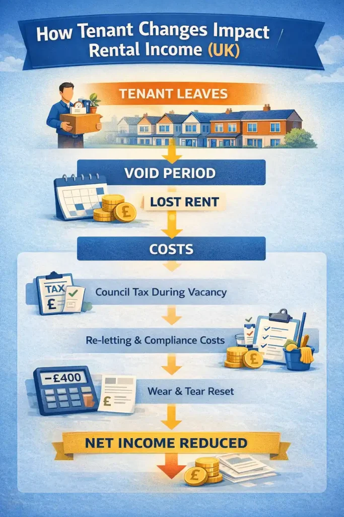 Infographic showing how tenant changes lead to void periods, added costs, and reduced rental income for UK landlords.