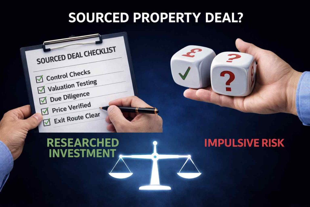 Sourced property deal checklist versus impulse risk showing a clipboard, dice and weighing scale for investor decision-making
