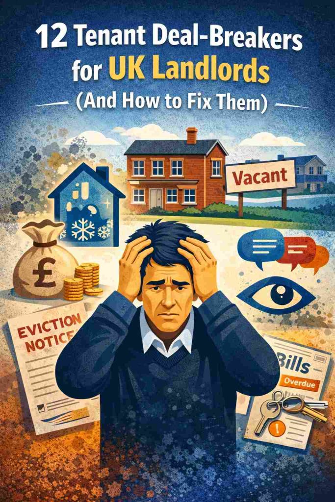 Illustration showing a stressed UK landlord surrounded by tenant deal-breakers like a vacant property sign, damp and cold home, rent costs, bills, and communication issues.