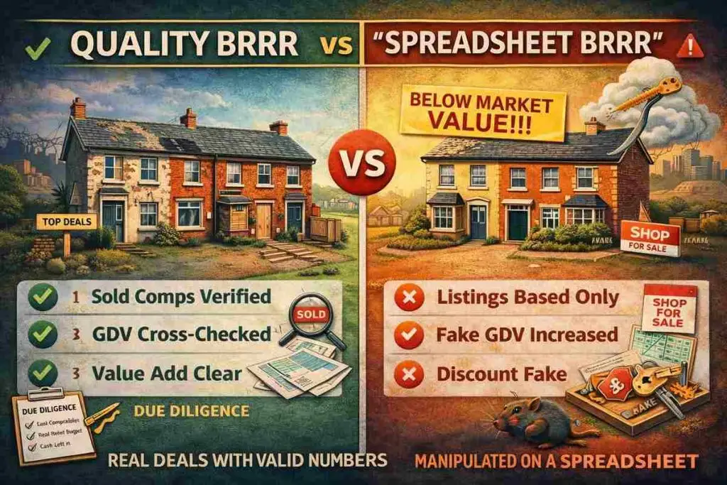 Comparison graphic showing quality BRRR vs spreadsheet BRRR in the UK, highlighting sold comps, real value-add and avoiding inflated GDV assumptions
