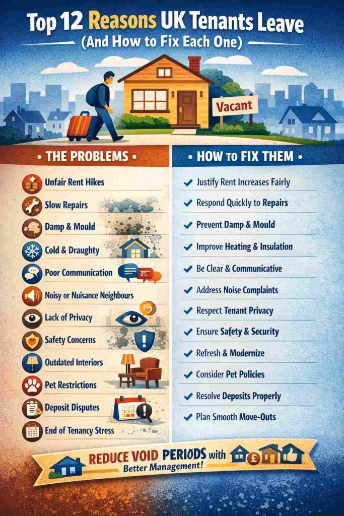 Infographic showing the top 12 reasons UK tenants leave and matching fixes, including rent increases, slow repairs, damp and mould, cold homes, poor communication, noise, privacy, safety, deposit disputes, and end-of-tenancy stress.