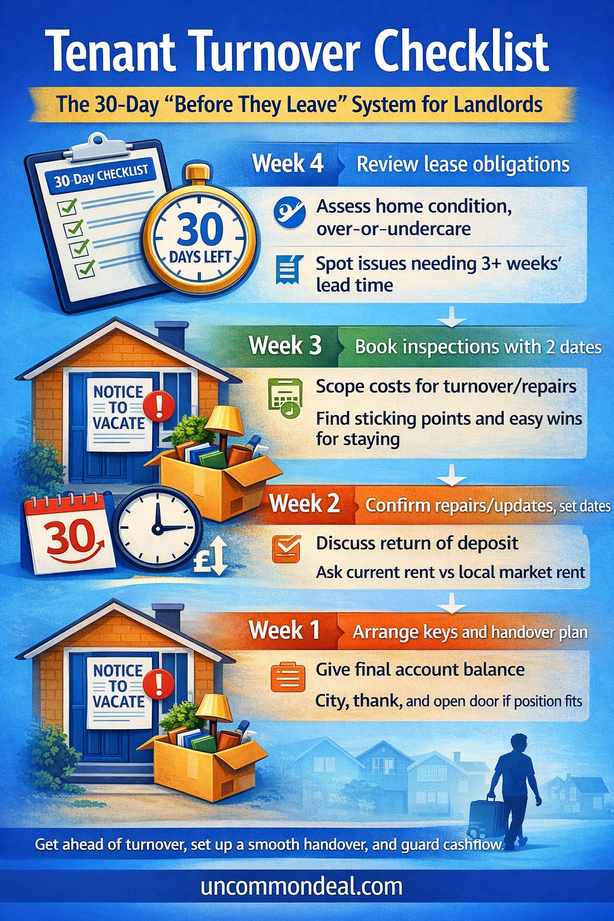 Infographic showing a 30-day tenant turnover checklist for landlords, broken into weekly actions to spot risk and act before tenants leave