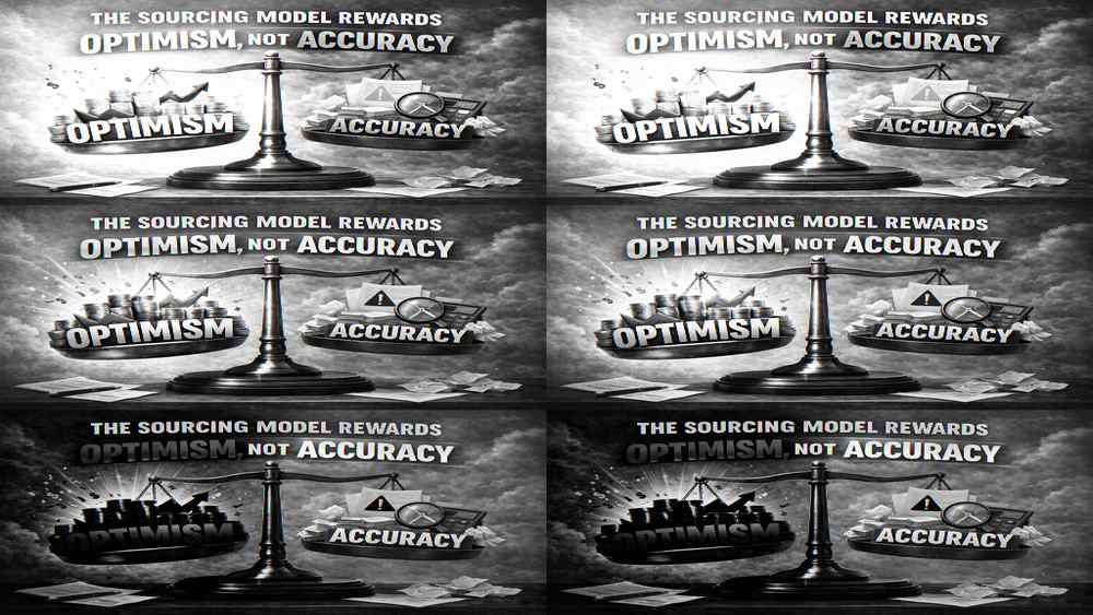 Illustration showing the property sourcing model favouring optimistic deal assumptions over accurate financial analysis.