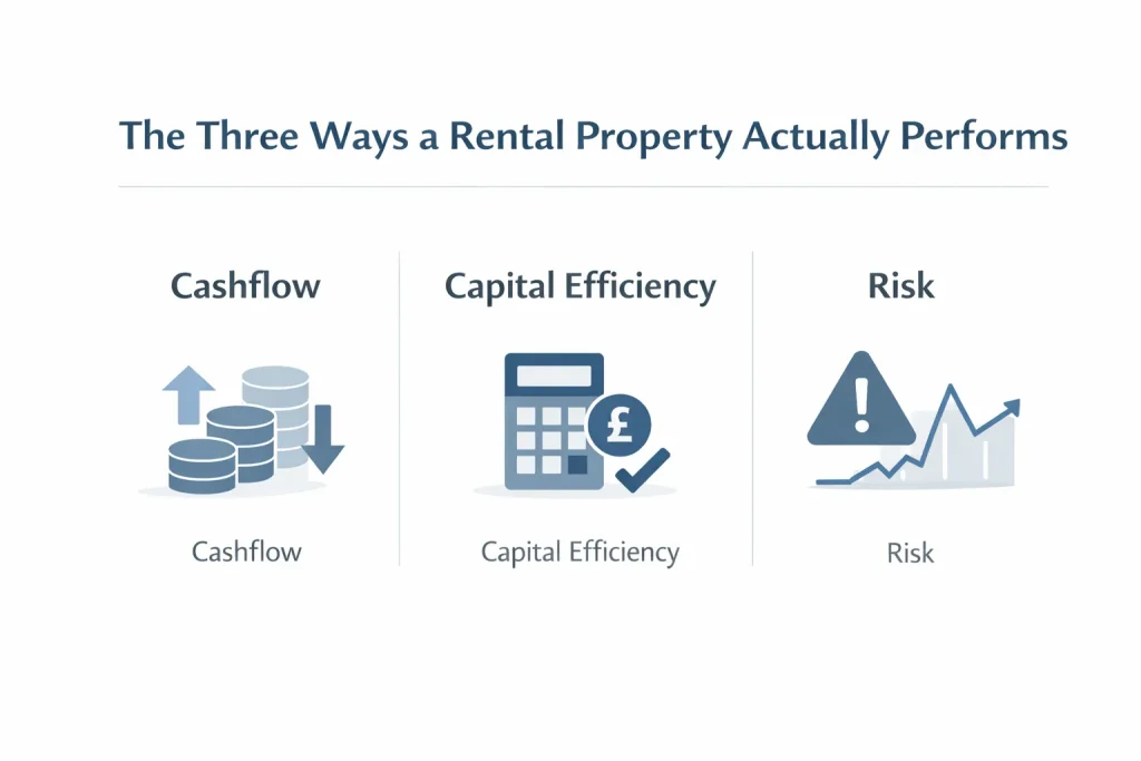 The three ways a rental property performs: cashflow, capital efficiency, and risk