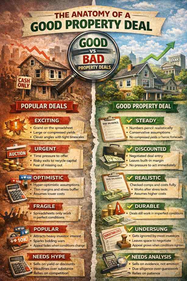 Infographic comparing popular property deals with good property deals, showing differences in hype, margin, financeability, stress testing, and long-term durability.