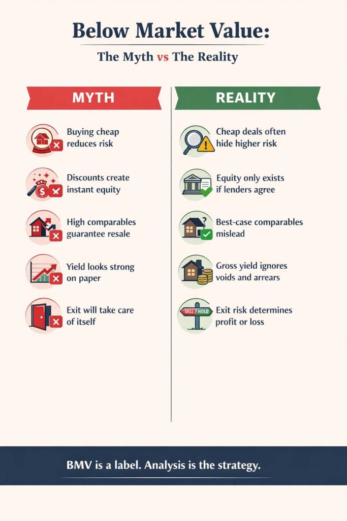 Below market value property deals myth vs reality infographic explaining why cheap does not mean profitable for UK property investors.