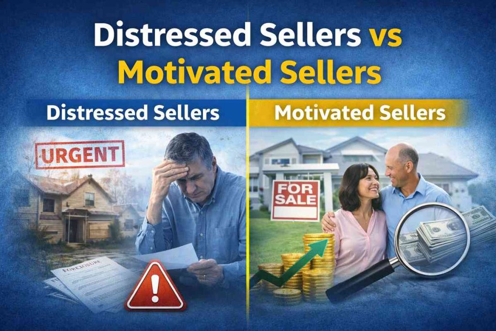 Distressed and motivated property sellers compared, showing differences in urgency, risk, and decision-making