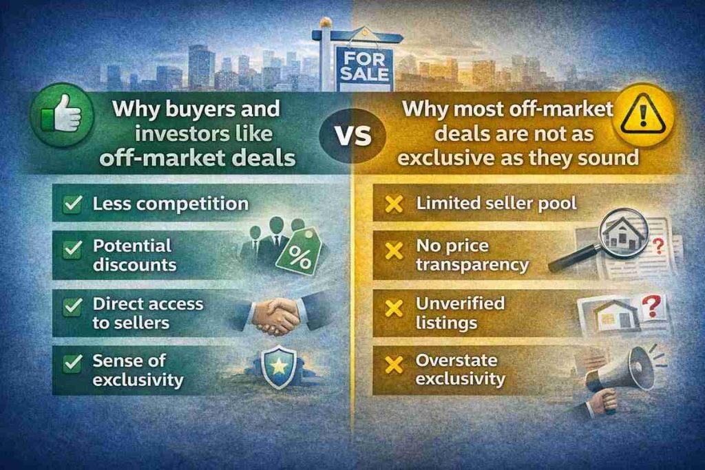 Infographic comparing why buyers like off-market deals and why many are not as exclusive as they appear.