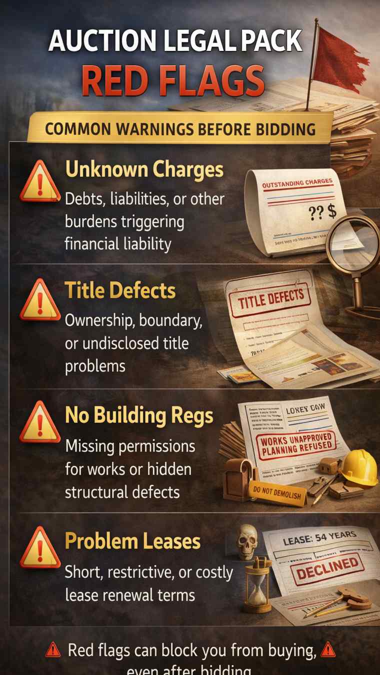 Auction legal pack red flags including title defects, unknown charges, missing building regulations, and problem leases.