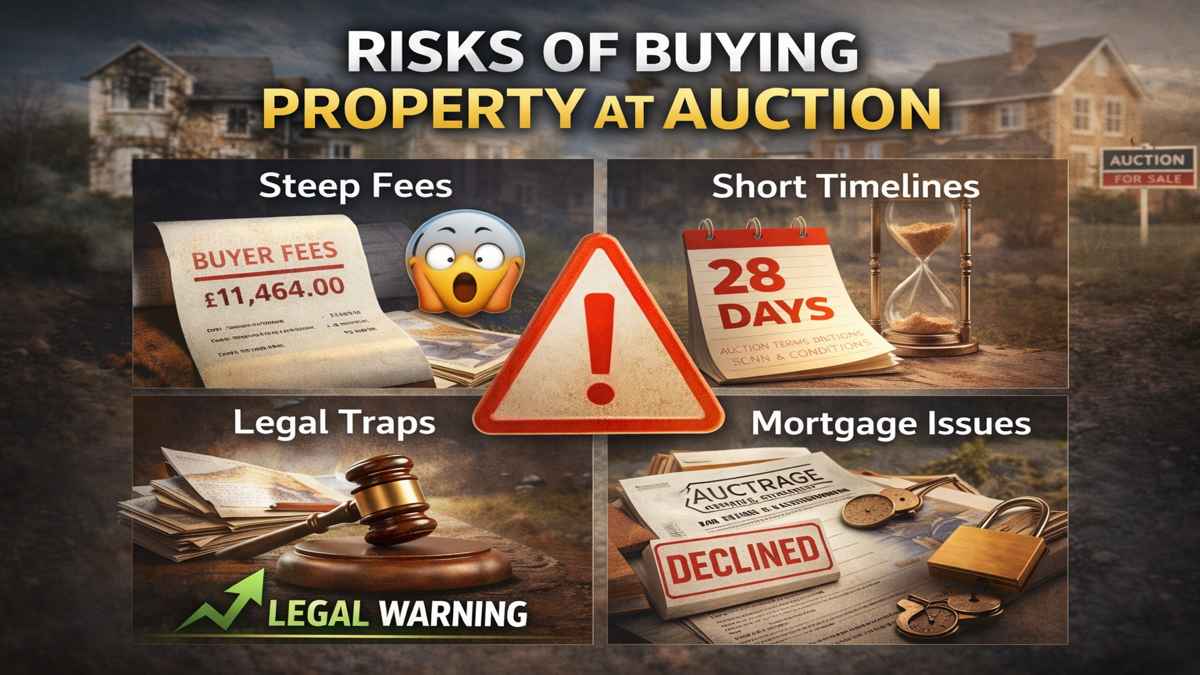 Risks of buying property at auction in the UK including legal traps, short timelines, high fees, and mortgage issues.