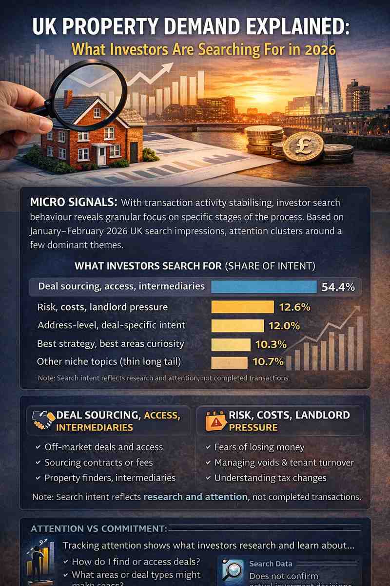 Infographic showing UK property investor search behaviour, attention versus commitment, and demand patterns based on search and transaction data.