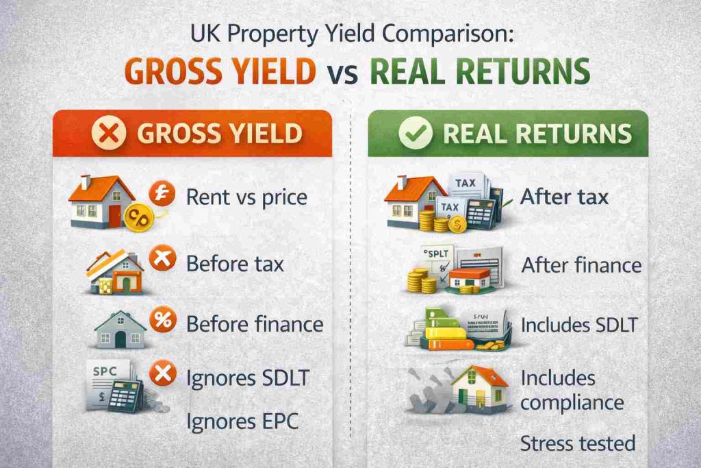 UK property yield comparison infographic showing gross yield versus real returns after tax, finance, SDLT, and compliance.