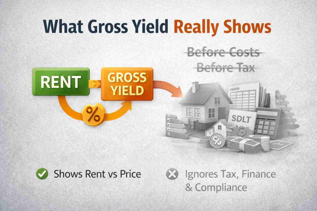 Diagram showing what gross yield really measures in UK property investment, comparing rent and price while ignoring tax, finance, and compliance costs.
