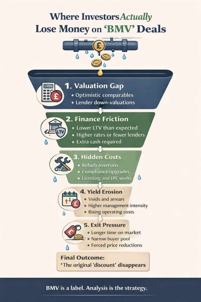 Infographic showing where money leaks in below market value property deals including valuation gaps, finance friction, hidden costs, yield erosion, and exit pressure