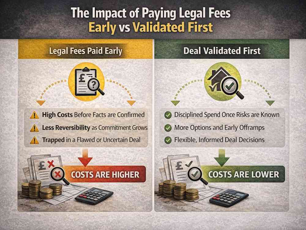 Comparison of paying legal fees early versus validating a property deal first
