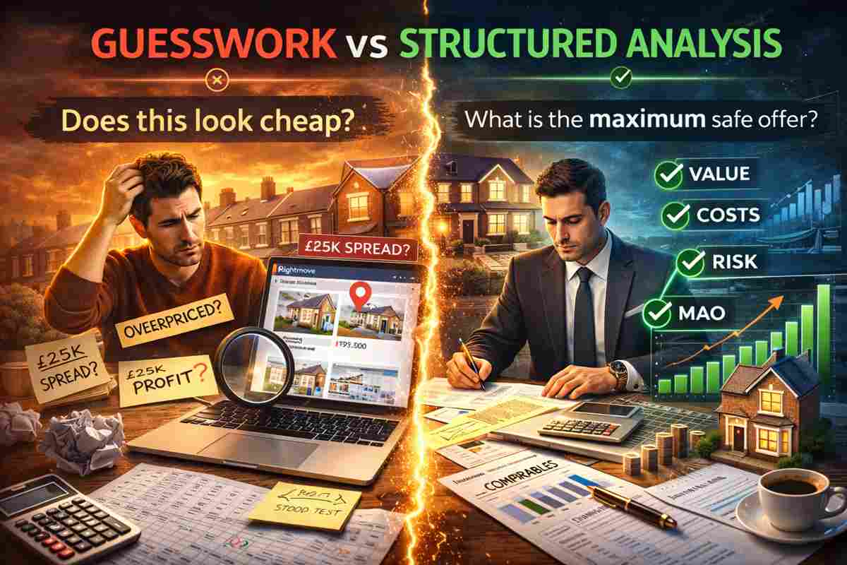 Guesswork vs structured analysis when spotting an undervalued property on Rightmove, showing data modelling, comparable sales and maximum allowable offer calculations.