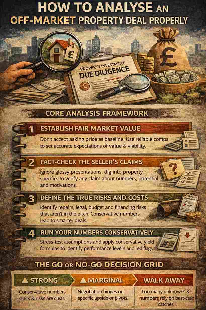 Infographic showing how to analyse an off-market property deal properly, including valuation, due diligence, risk assessment, conservative numbers, and a go or no-go decision framework.