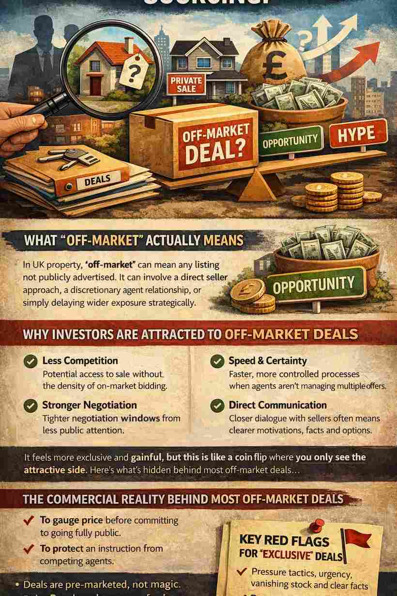Infographic explaining off-market property sourcing in the UK, including what off-market means, why investors are attracted, commercial realities, and red flags.