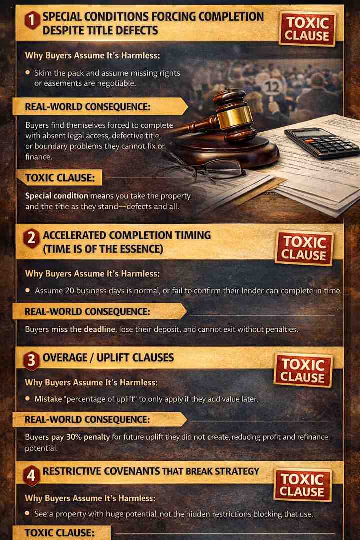 Infographic showing five toxic auction legal pack clauses that cause deposit loss, including title defects, completion timing, overage clauses, restrictive covenants, and seller cost recovery.