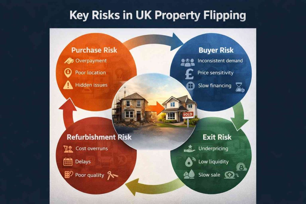 UK property flip risk infographic showing purchase risk, refurbishment risk, buyer demand risk, and exit liquidity risk in a buy refurbish resell cycle