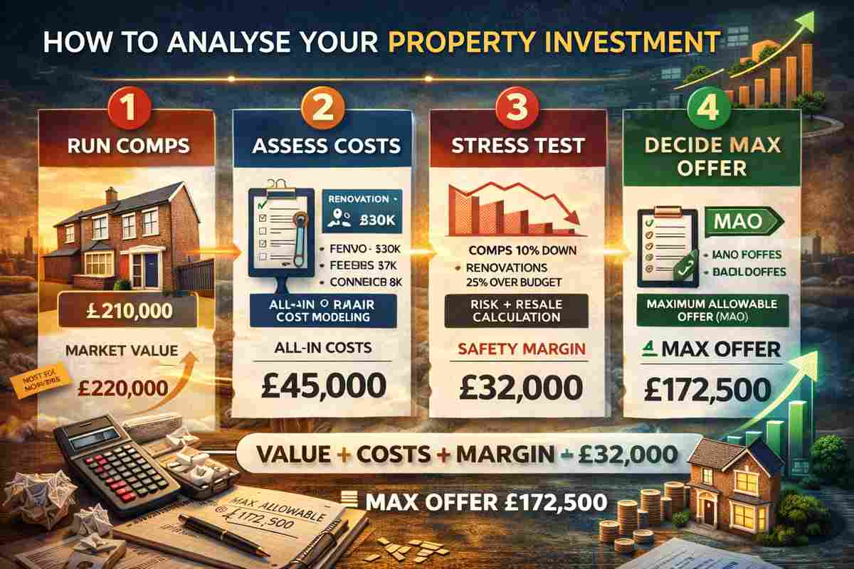 Infographic showing how to spot an undervalued property on Rightmove using comparables, cost modelling, stress testing and maximum allowable offer calculations.