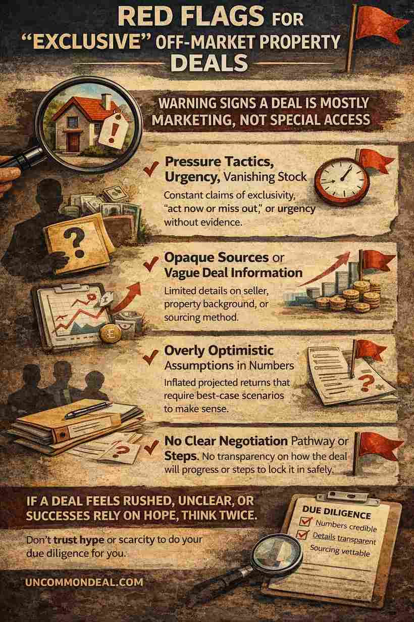 Infographic showing red flags for exclusive off-market property deals in the UK, including urgency tactics, vague information, optimistic assumptions, and lack of transparency.