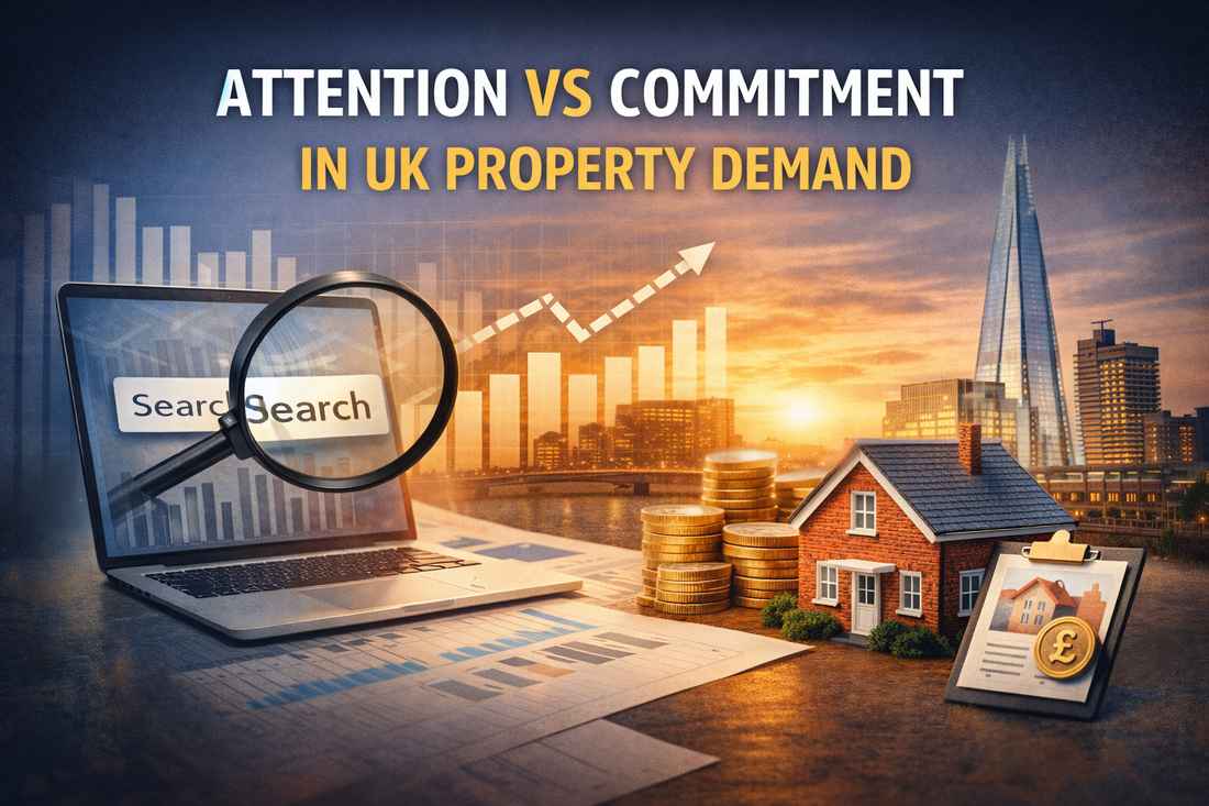 Visual comparison of investor attention versus commitment in UK property demand, showing search activity contrasted with real transaction signals.
