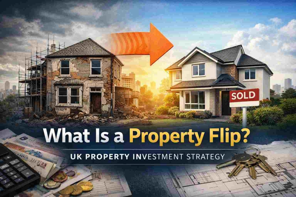 UK property flip showing buy refurbish resell process, with a rundown house renovated and sold to illustrate property flipping strategy