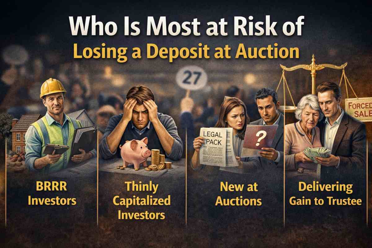 Illustration showing investors most at risk of losing a deposit at property auction, including mortgage buyers, BRRR investors, first-time auction buyers, and undercapitalised investors.