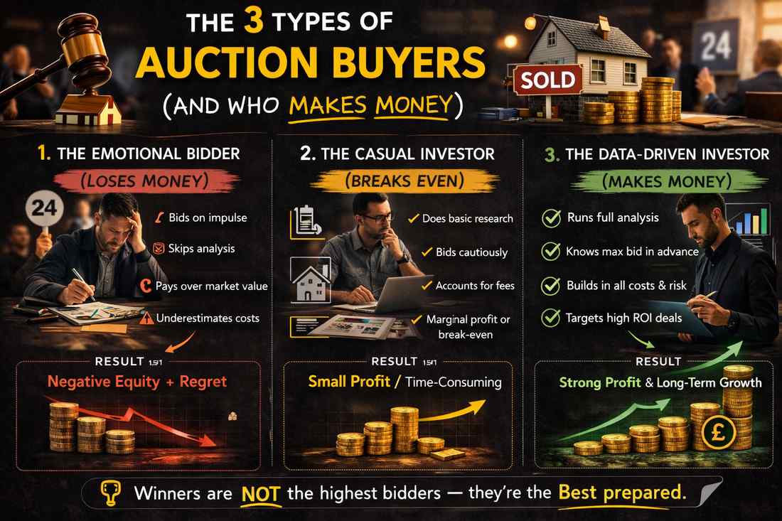 Infographic showing emotional bidder, casual investor and data-driven operator in UK property auctions and who makes money.